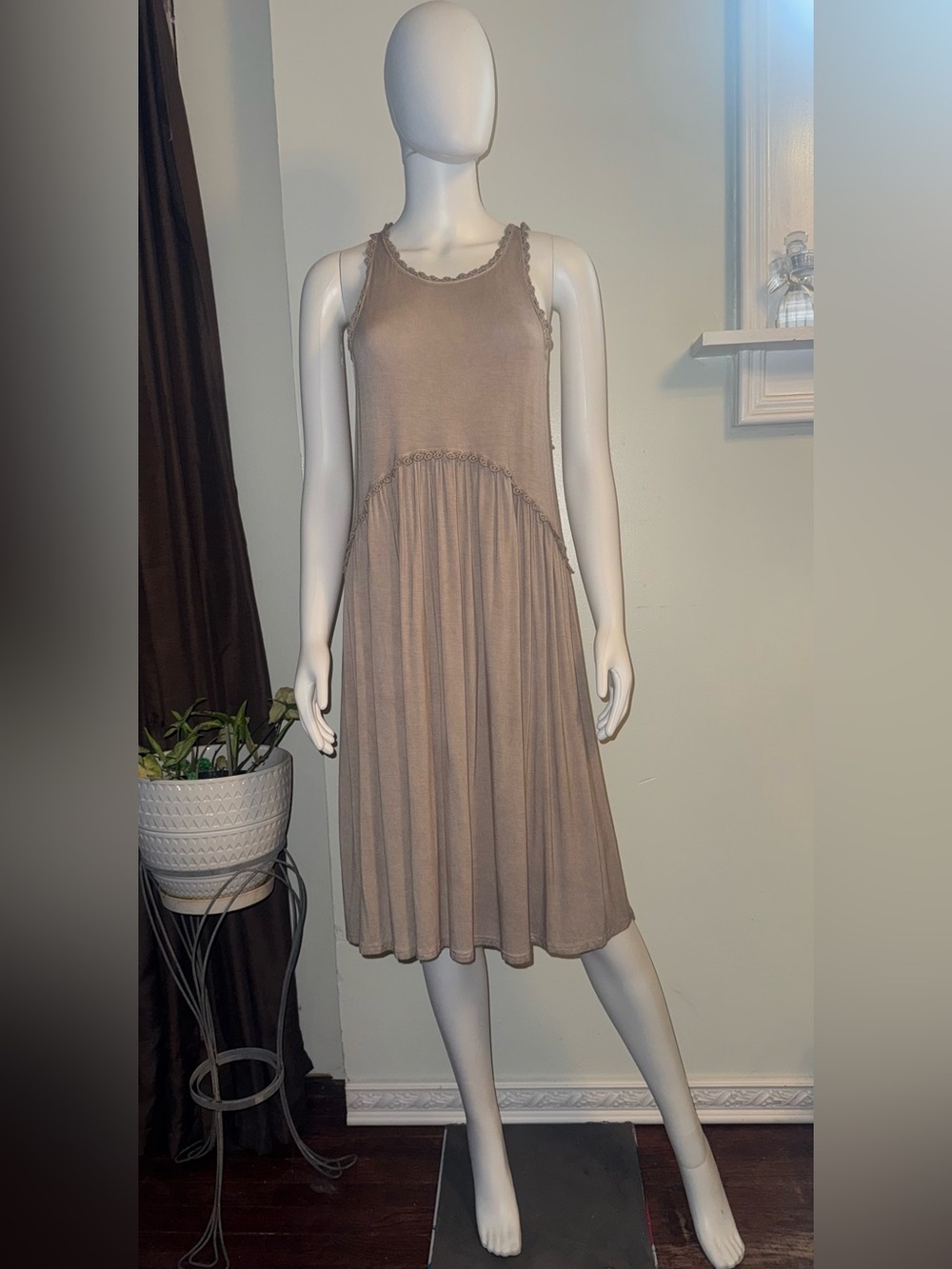 POL Taupe Sleeveless Midi Dress with Scalloped Trim